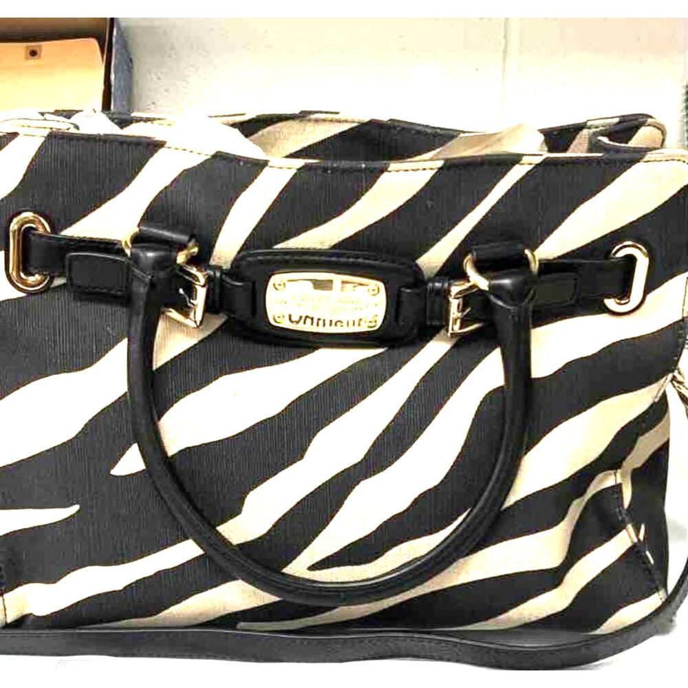 Michael Kors Hamilton Zebra Print Canvas Leather Large Satchel Bag Gold Hardware